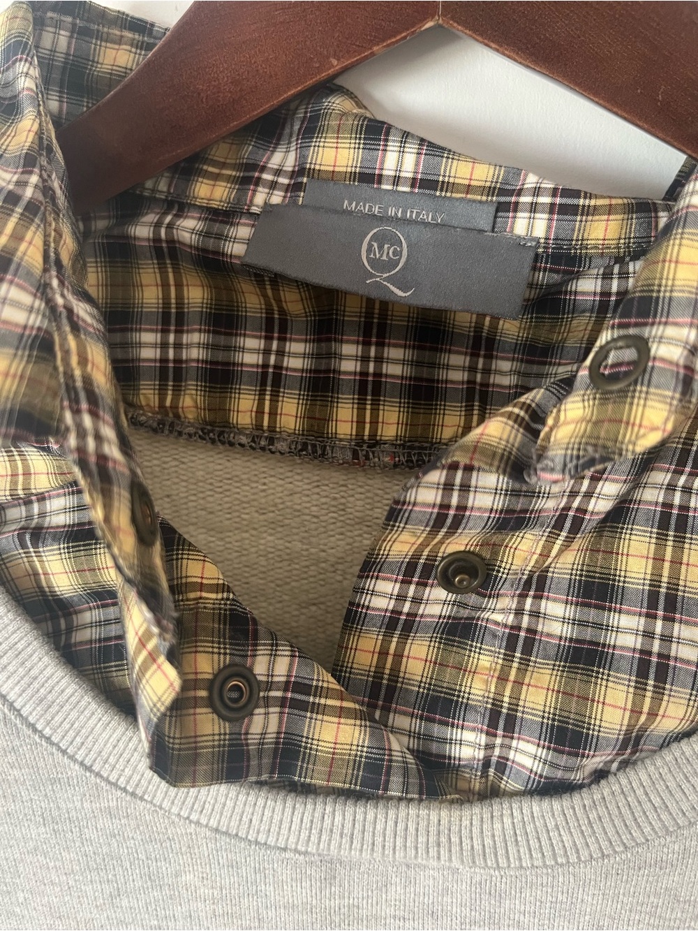 McQ by Alexander McQueen Athletic Gray Sweatshirt with Yellow Plaid Collar
